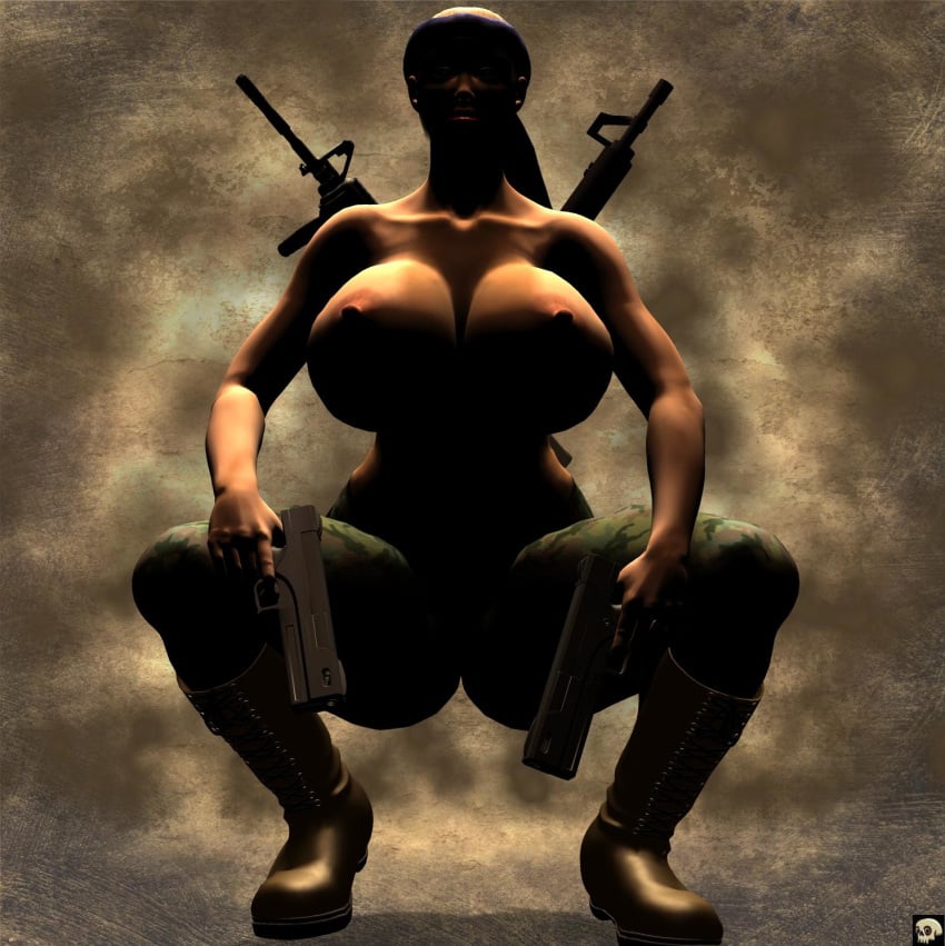 1girl 1girls 3d assault_rifle bare_shoulders bbw big_breasts boots bracelet busty call_of_duty cleavage curvy detailed_background erect_nipple erect_nipples eyelashes eyeshadow female female_only front_view half-dressed half_dressed holding_object hourglass_figure human no_bra pose posing shadow shiny shiny_skin sitting solo spread_legs spreading topless video_game video_games voluptuous weapon wide_hips xskullheadx