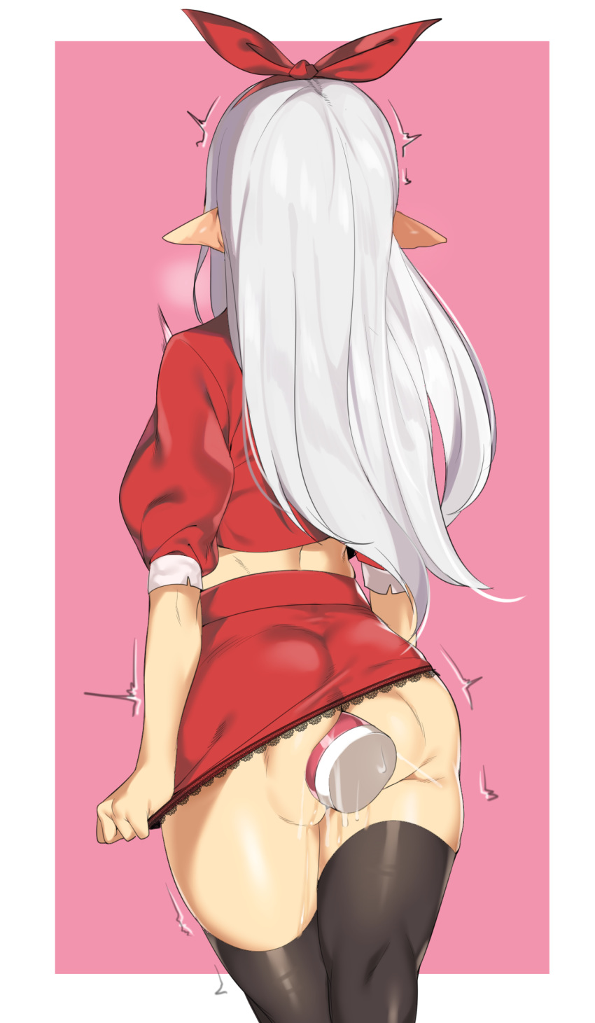 anal anal_object_insertion ass black_legwear elf female hairband highres large_insertion long_hair miniskirt no_panties object_insertion original pointy_ears puffy_sleeves red_skirt silver_hair skirt skirt_tug solo thighhighs tight_fit urec vibrator vibrator_in_anus