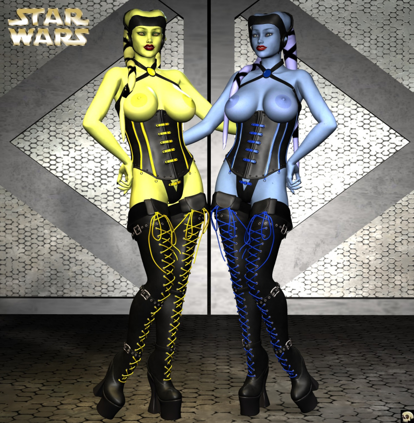 2girls 3d alien alien_girl bald bare_shoulders big_breasts black_footwear black_legwear black_stockings blue_skin boots bracelet breast_outside brown_eyes busty cleavage corset curvy detailed_background english_text erect_nipple erect_nipples eyelashes female female_only footwear front_view hand_on_hip hands_on_hip hands_on_hips headgear high_heels hourglass_figure humanoid indoors inside legwear lingerie lipstick looking_at_viewer makeup mammal multiple_females multiple_girls nail_polish original_character pose posing red_lipstick room shiny shiny_skin smiling standing star_wars stockings text thong twi'lek voluptuous wide_hips xskullheadx yellow_skin