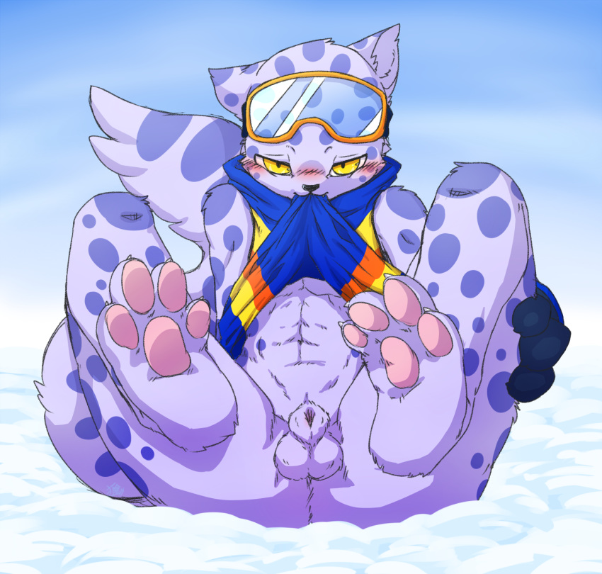 4_toes animal_genitalia anthro balls blush bottomless claws clothed clothing eyewear feline goggles hi_res ingi leopard looking_at_viewer male male_only mammal ollie_(pop'n_music) pawpads pop'n_music sheath simple_background snow_leopard solo toes yellow_eyes