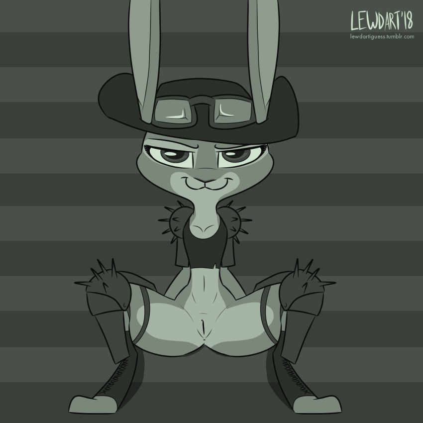 2018 :3 anthro anus armor black_and_white bottomless breasts cleavage clothed clothing crouching disney eyewear fanartiguess female goggles goggles_on_forehead greyscale hat judy_hopps knee_pads lagomorph looking_at_viewer mammal monochrome pattern_background pauldron pussy rabbit signature simple_background solo spread_legs spreading url zootopia