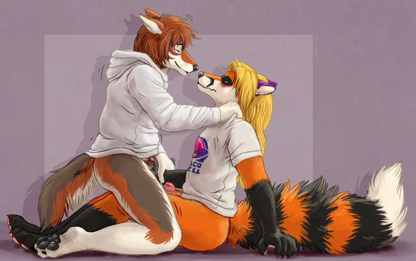 2018 4_toes 5_fingers anthro anthro_on_anthro black_fur black_nose blonde_hair blush bottomless brown_fur brown_hair canine closed_eyes clothed clothing cowgirl_position coyote desmond_(ceeb) duo ears_back erection female finger_fuck fingering fingering_partner fingerpads fox fur gloves_(marking) hair hand_on_shoulder hoodie humanoid_penis hybrid looking_pleasured male mammal marjani markings multicolored_fur on_top orange_fur original_character pawpads paws penis pussy red_penis sex shirt side_view simple_background sitting smile socks_(marking) straight toes uncut vaginal_penetration white_fur