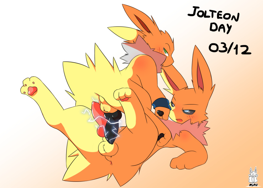 2boys alternate_color alternate_eye_color animal_genitalia animal_penis anus ass being_watched big_penis black_penis black_sclera blue_eyes blush canine canine_penis dated eeveelution electricity erection feet gay green_eyes half-closed_eyes jetta_the_jolteon jolteon knot leg_up long_ears looking_at_viewer looking_back looking_up male male_only miau nintendo on_back on_top open_mouth original_character pawpads penis penises_touching pink_penis pokémon_(species) pokemon pokemon_(species) pokemon_rgby spread_legs static sweatband testicles text video_games watermark white_fur yaoi yellow_fur