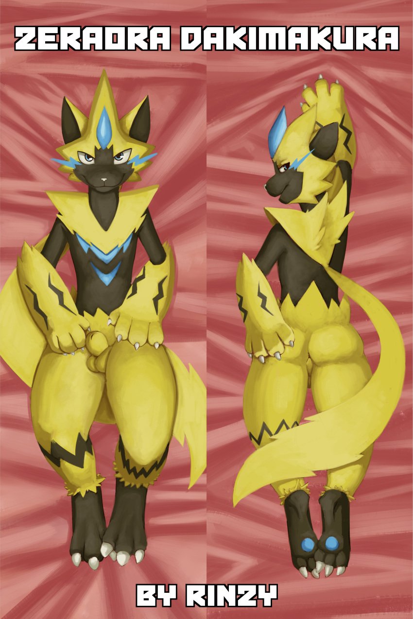 1boy absurd_res animal_genitalia anthro ass barefoot blue_eyes claws dakimakura_design english_text feline fur furry hi_res legendary_pokémon looking_at_viewer looking_back lying male male_only male_zeraora mammal nintendo nude on_back on_front pawpads paws pokémon_(species) pokemon presenting presenting_hindquarters rinzy sharp_claws sheath smile solo solo_male testicles text toe_claws video_games zeraora