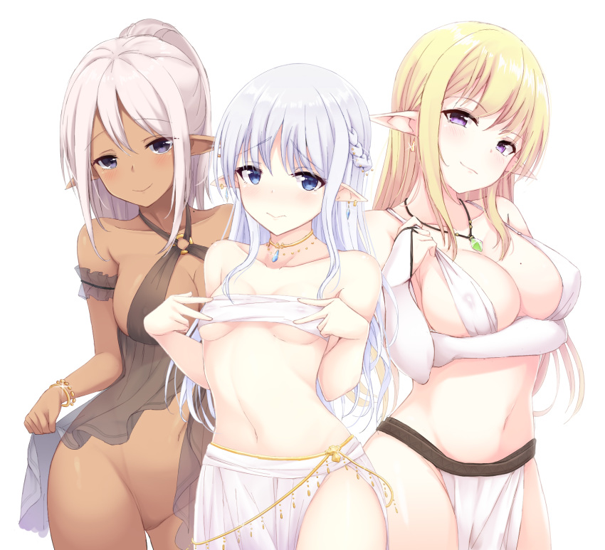 3girls elf female female_only hicha_nomu lingerie multiple_girls pointy_ears tagme