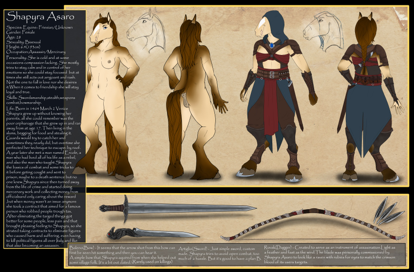 2018 anthro armor assassin bow breasts clothing dagger english_text equine female hair hi_res hood horse invalid_tag looking_at_viewer mammal melee_weapon model_sheet muscular nare nipples nude pose pussy shapyra_asaro simple_background standing sword text weapon zeshapyra