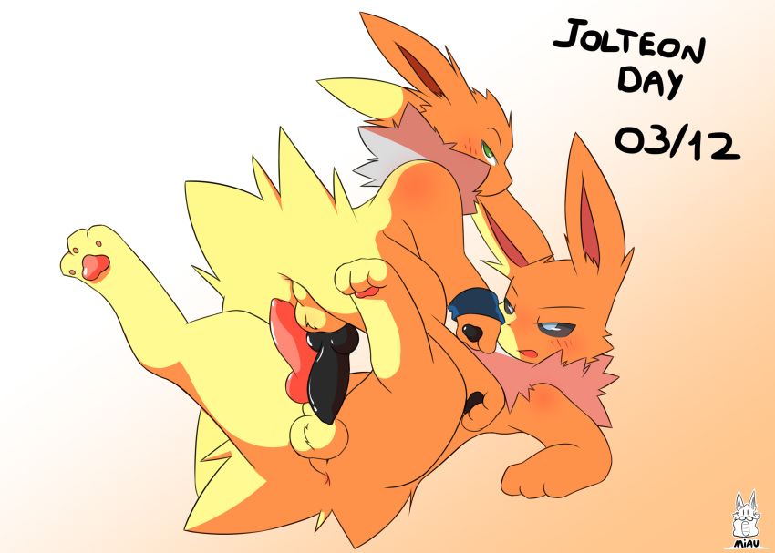 2boys alternate_color alternate_eye_color anus ass big_penis black_penis black_sclera blue_eyes blush canine dated eeveelution erection feet gay green_eyes half-closed_eyes jetta_the_jolteon jolteon knot leg_up long_ears looking_back looking_up male male_only miau nintendo on_back on_top open_mouth original_character pawpads penis penises_touching pink_penis pokémon_(species) pokemon pokemon_(species) pokemon_rgby spread_legs sweatband testicles text video_games watermark white_fur yaoi yellow_fur