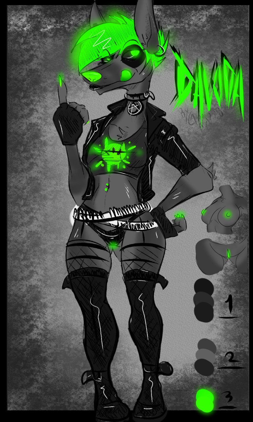 ammo_belt animal_ears anthro ass belt biker boots breasts bullet_belt canine claws close-up clothed clothing collar female fingerless_gloves footwear fur gloves glowing goth green_eyes green_hair grey_theme hair jackal jackal_ears legwear looking_at_viewer mammal middle_finger neon_green nipples paws piercing punk pussy small_breasts solo stockings thigh_gap tongue