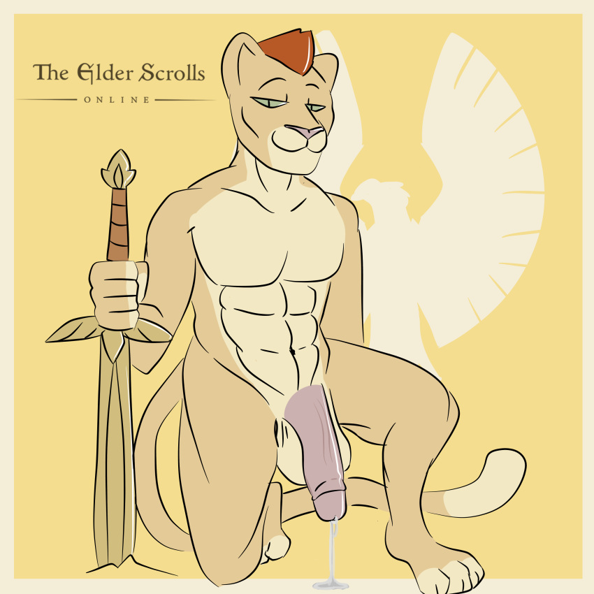 balls corporalcathead_(artist) crouching cum feline khajiit looking_at_viewer male male_only mammal melee_weapon penis precum razum-dar solo sword the_elder_scrolls video_games weapon