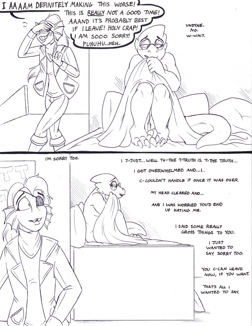 2016 alphys anthro awkward bed bedroom black_and_white claws clothed clothing comic covering covering_eyes covering_self duo eyewear female fish glasses hi_res lizard marine monochrome on_bed paws pen_(artwork) pussy reptile scalie simple_background text toes traditional_media_(artwork) under_covers undertaild undertale undyne video_games