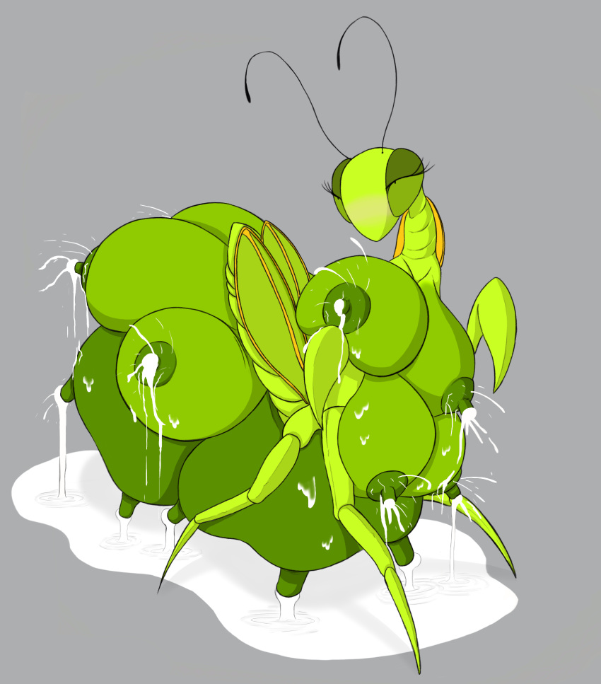 1girls arthropod big_breasts breasts busty_feral female female_only feral gnutsen_(artist) grey_background huge_breasts insects lactation large_breasts mantis multi_breast multi_udder puddle simple_background solo solo_female udders