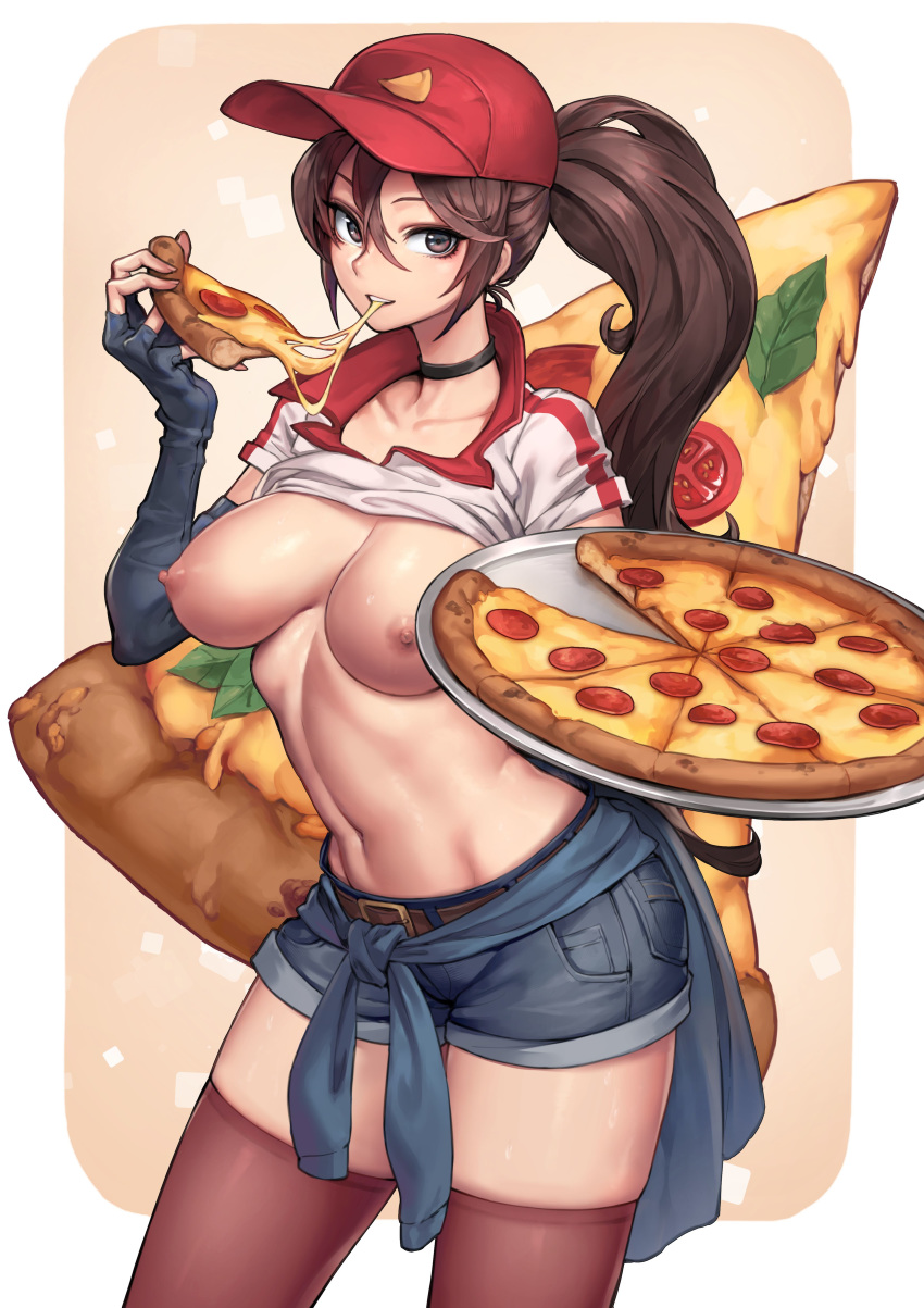 breasts brown_eyes brown_hair choker culinary_masters_series female hat league_of_legends nude oopartz_yang paid_reward patreon_reward pizza pizza_delivery_sivir ponytail pussy sivir solo solo_female