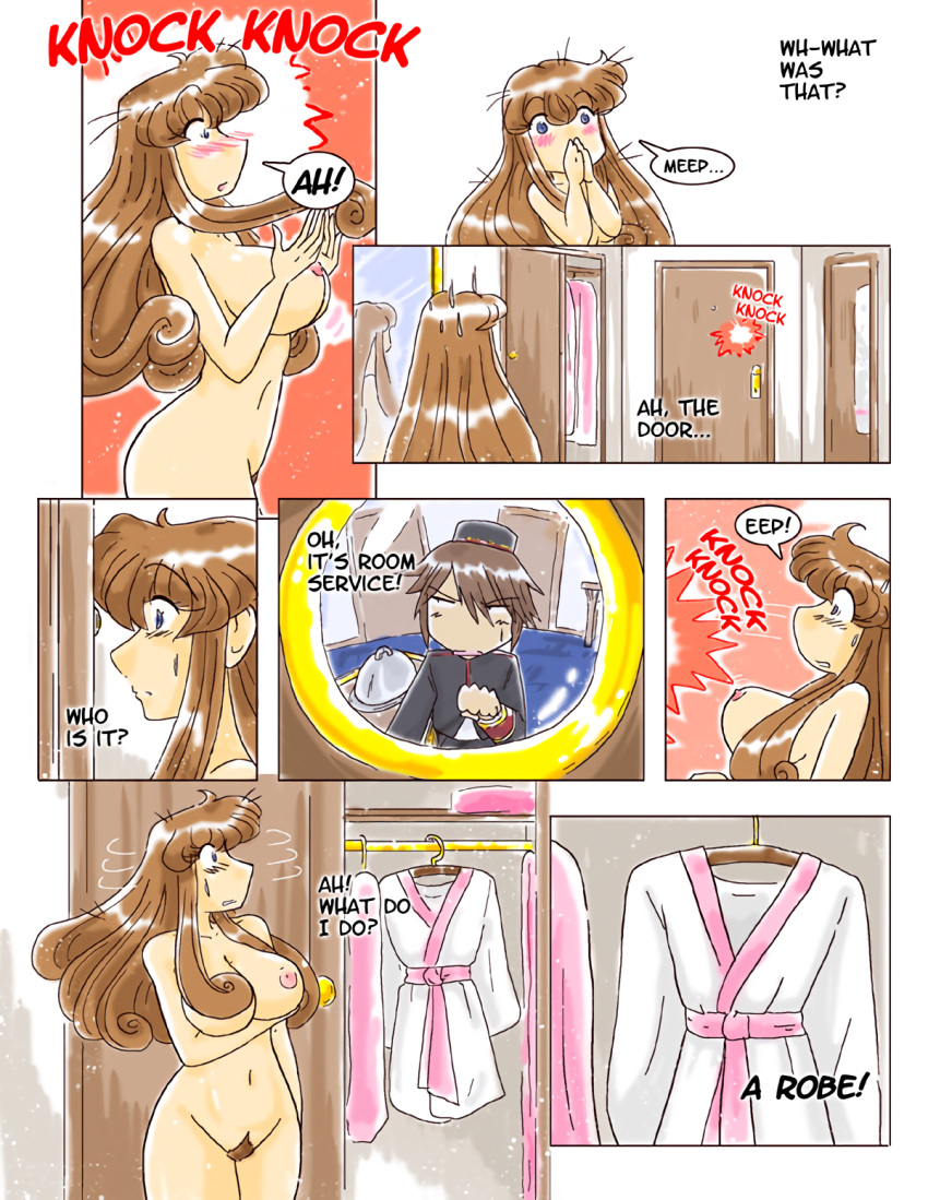 1boy 1girls bellhop blue_eyes blush breasts brown_hair brown_pubic_hair comic hotel_room kittyhawk long_hair mirror nipples nude peephole pubic_hair reflection robe sweatdrop