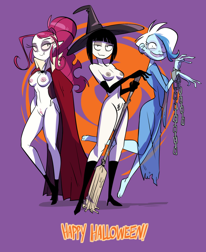 3girls arachnid areola armwear arthropod black_hair bob_cut boots breasts broom cape casual chains clothed clothing creepy_susie crossover elbow_gloves english_text exposed_torso fangs female female_only floating footwear ghost ghost_girl gloves goth goth_girl group gruftine hair halloween handwear hanna-barbera hat headwear herny highres holidays human legwear long_hair looking_at_viewer mammal multicolored_hair multiple_girls nipples nude outerwear pale_skin phantasma_phantom pubes pubic_hair pussy red_hair school_for_vampires scooby-doo scooby-doo_and_the_ghoul_school short_hair spider spirit standing text the_oblongs translucent vampire vampire_girl wristwear