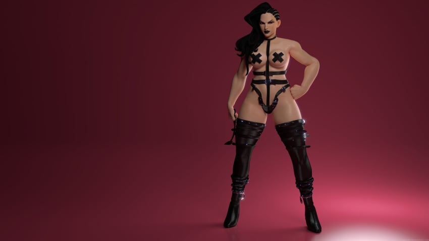 1girls 3d absurdres areola_slip areolae asymmetrical_hair black_hair black_lipstick boots brazilian brazilian_female breasts capcom clothed cornrows dark-skinned_female dark_skin dominatrix female female_only front_view full_body hand_on_hip harness high_heel_boots high_heels highres human large_breasts latex latina laura_matsuda lipstick long_hair looking_at_viewer nipple_tape pasties perky_breasts pervik redbone riding_crop skimpy smile solo spikes standing street_fighter street_fighter_v thigh_boots thighhighs video_games