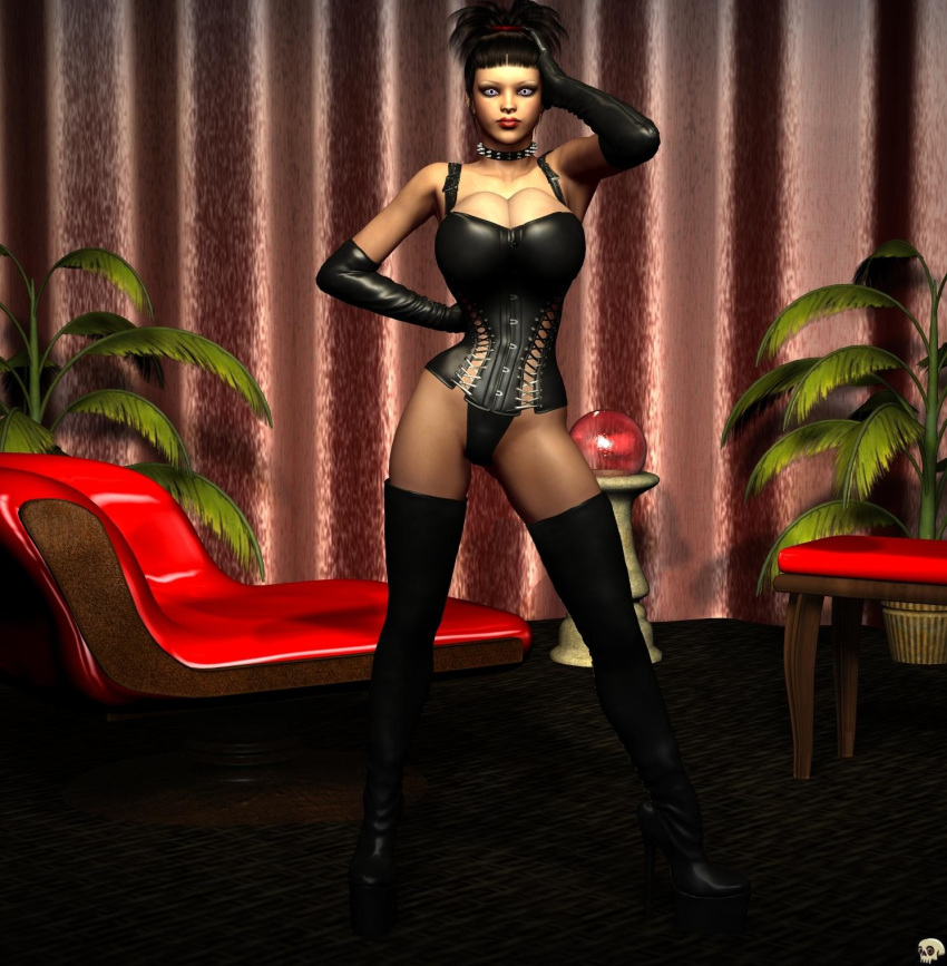 1girls 3d bare_shoulders big_breasts black_footwear black_gloves black_hair black_legwear black_stockings bondage_outfit busty chair choker cleavage corset curvy detailed_background elbow_gloves elisa_(xskullheadx) female female_only footwear front_view gloves gray_eyes hairbun high_heels hourglass_figure human indoors inside legwear lipstick looking_at_viewer makeup pose posing red_lipstick room shadow shiny shiny_skin short_hair solo standing stockings table thong tied_hair voluptuous xskullheadx