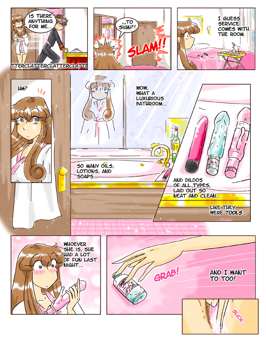 1boy 1girls bathroom blue_eyes blush brown_hair brown_pubic_hair comic dildo kittyhawk lube masturbation mirror pubic_hair pussy reflection robe vibrator