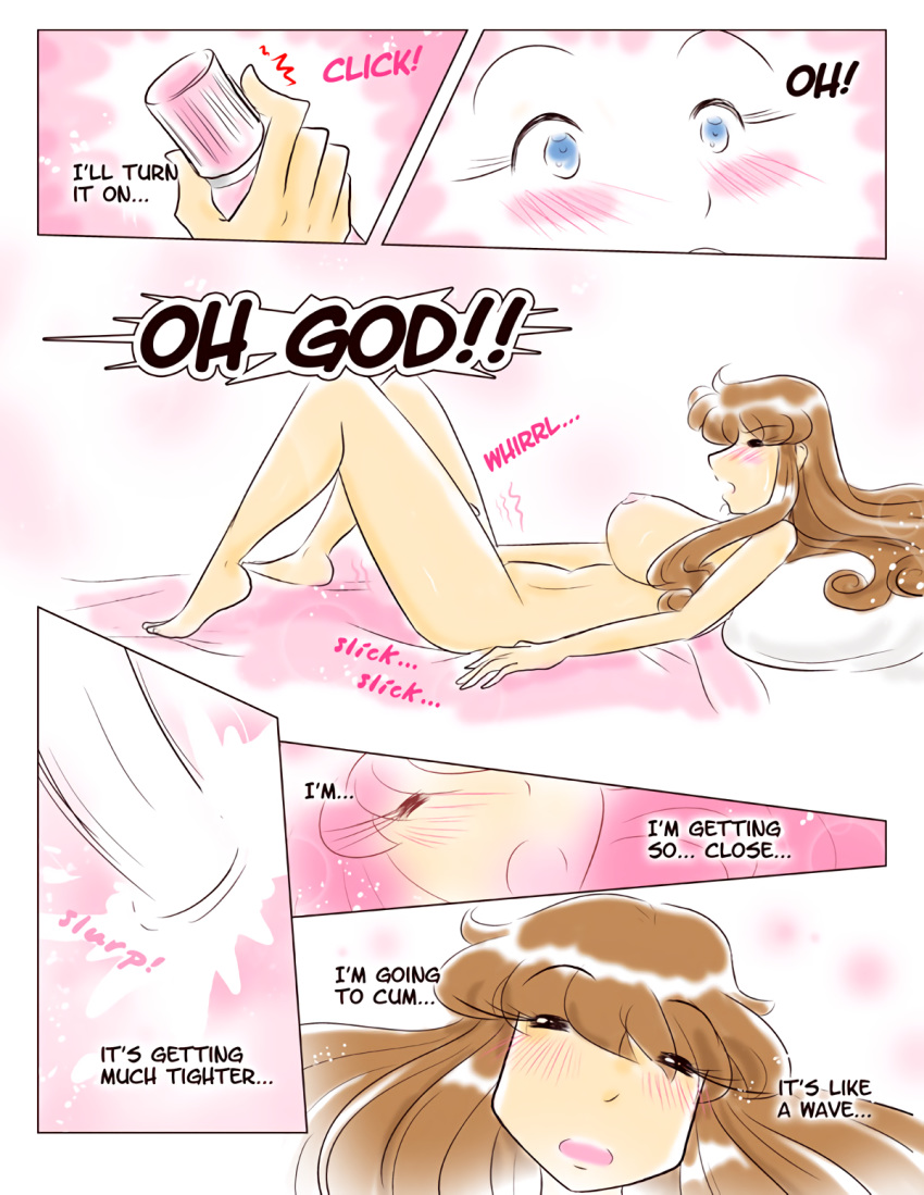 blue_eyes blush breasts brown_hair comic dildo kittyhawk long_hair masturbation nipples nude pussy_juice trembling vibrator