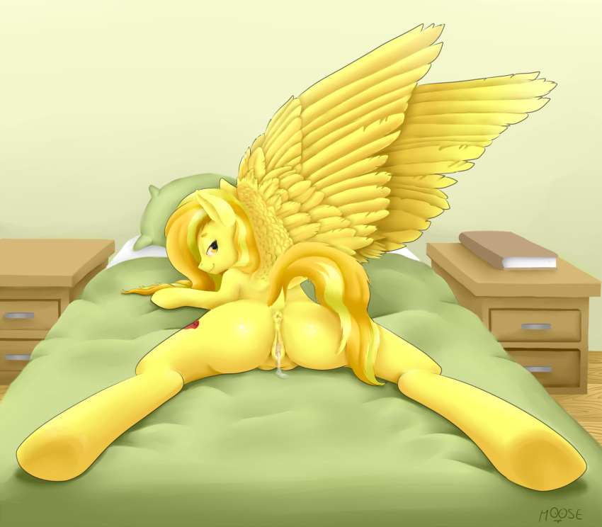 2013 anus bed cutie_mark cynicalmoose equine fan_character feathered_wings feathers female fur hair looking_at_viewer looking_back lying mammal multicolored_hair my_little_pony on_front pegasus presenting pussy pussy_juice solo spread_legs spreading two_tone_hair wings yellow_fur