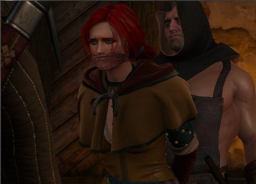1girls 2boys 3d arms_behind_back arrest benja100 bound bound_wrists captured cd_projekt_red female gagged male red_hair the_witcher the_witcher_(series) the_witcher_2 the_witcher_3:_wild_hunt triss_merigold