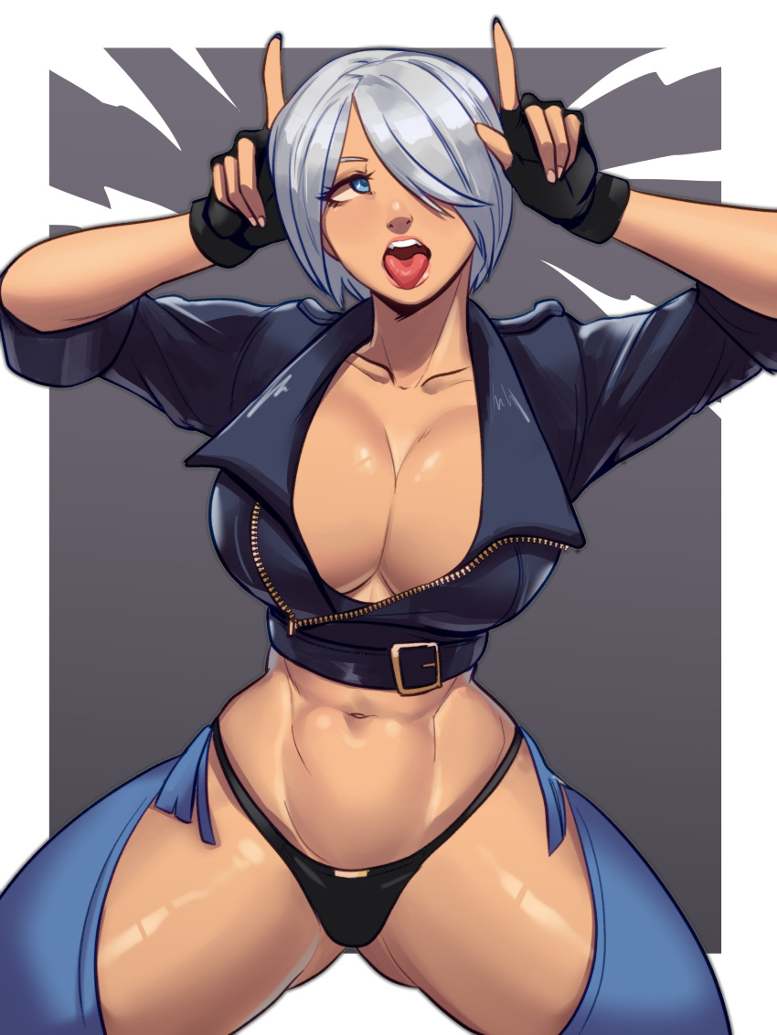 abs ahe_gao ahe_gao ahegao_face angel_(kof) big_breasts big_breasts black_thong cleavage female female gloves hands_on_head jacket king_of_fighters light-skinned_female light_skin open_clothes open_legs open_mouth short_hair skullworms thick thick_ass thong tongue tongue_out white_hair