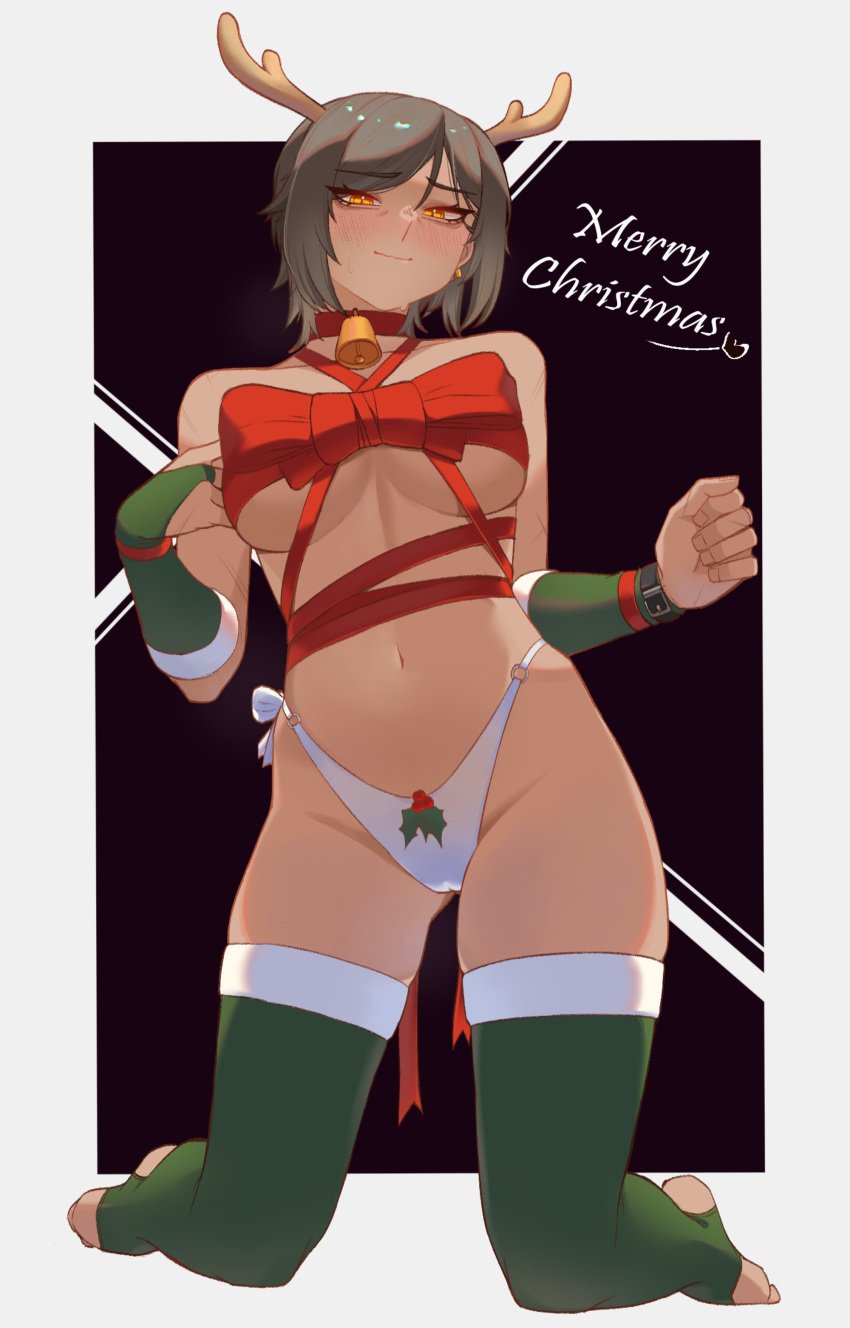 asu_usagi bell bell_collar belly_button big_breasts blush breasts cameltoe choker christmas k3nnyn3v limbus_company looking_at_viewer midriff no_bra on_knees outis_(limbus_company) panties project_moon reindeer_antlers ribbon skindentation stirrup_legwear stockings sweat thick_thighs thighhighs thighs tied