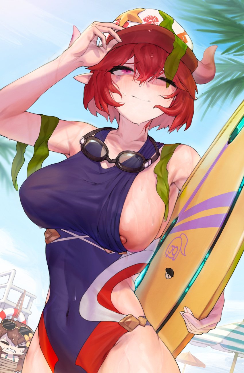 bare_shoulders baseball_cap beach beach_umbrella beachside demon demon_girl guardian_tales hat heavy_breasts horns large_breasts lifeguard_swimsuit lifeguard_tower lifeguard_yuze_(guardian_tales) nipple_slip pointy_ears red_hair scientist_on_the_beach_sohee_(guardian_tales) seaweed seaweed_on_head semi_realistic sideboob smile sohee_(guardian_tales) starfish surfboard sweat swimsuit swimwear thick_thighs thighs wide_hips xize_(artist) yuze_(guardian_tales)