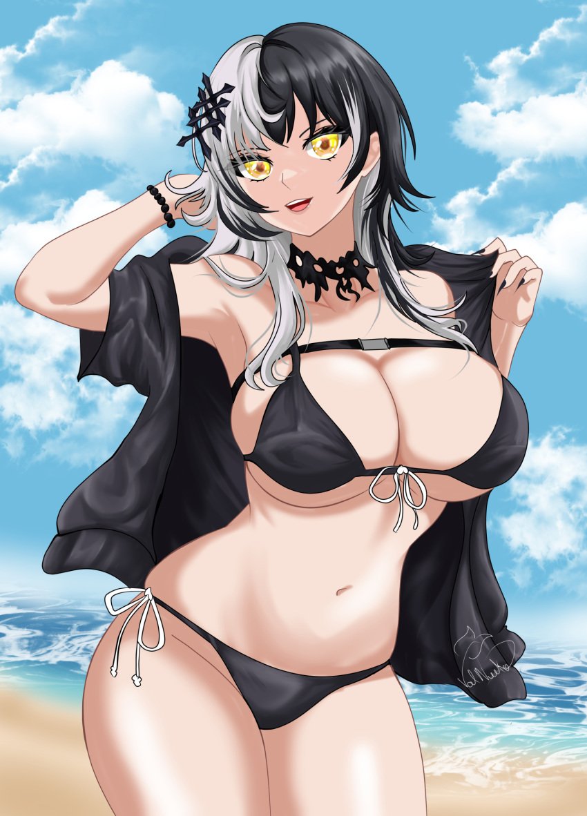 1girls 2d 2d_(artwork) alternate_costume beach belly_button big_breasts bikini bikini_bottom bikini_top black_bikini black_bikini_bottom black_bikini_top black_hair black_jacket black_nails black_swimsuit black_thong bra cleavage clouds covered_nipples day female female_focus female_only front_view fully_clothed goth high_resolution highres hololive hololive_english hololive_english_-advent- hourglass_figure huge_breasts light-skinned_female light_skin looking_at_viewer medium_hair navel ocean open_jacket outdoors pointy_nails revealing_clothes revealing_swimsuit sand shiori_novella sky slim_girl smiling smiling_at_viewer solo solo_female solo_focus standing summer swimsuit thong thong_bikini tomboy two_tone_hair valneeko virtual_youtuber voluptuous voluptuous_female vtuber vtuberfanart water white_hair wholesome yellow_eyes young younger_female