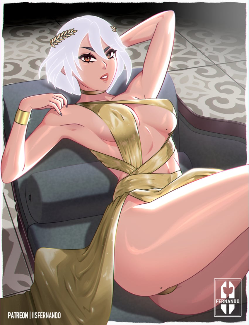 1girls aphrodite aphrodite_(fortnite) bikini dark-skinned_female dark_skin fortnite fortnite:_battle_royale gold_bikini gold_clothing gold_panties golden_bikini golden_clothing holding_cigarette iisfernado looking_at_viewer solo_female white_hair