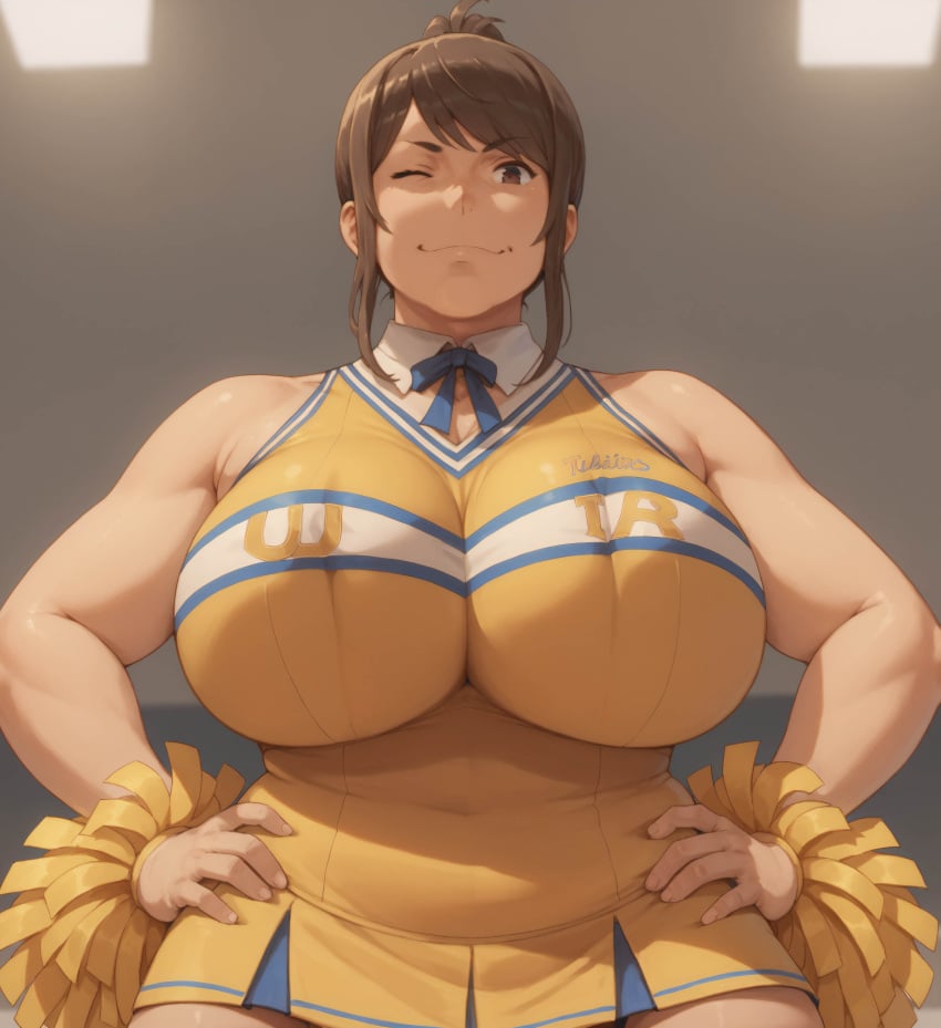 ai_generated big_breasts blushing_at_viewer cheerleader cheerleader_uniform cosplay danmachi dungeon_ni_deai_wo_motomeru_no_wa_machigatteiru_darou_ka hands_on_hips huge_breasts matronai_(artist) mia_grand muscle_mommy muscular_female winking_at_viewer