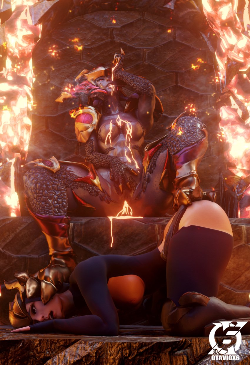 2girls 3d armor breasts cum_in_breasts cum_on_breasts domination dragon_girl drinking_cum female_focus fire lava league_of_legends leaking_cum nude_female otaviox6 purple_skin pussy riot_games shyvana throne