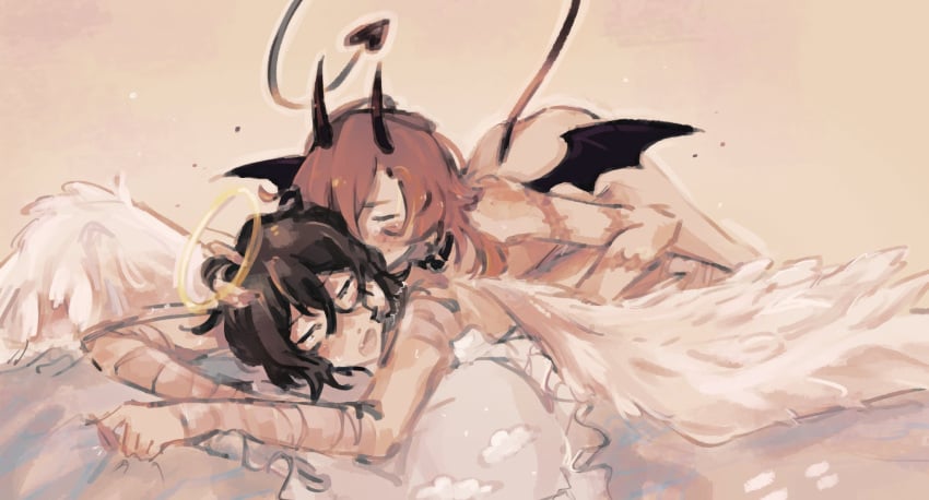 2boys angel angel_boy angel_wings blush bottom_dazai brown_hair brunet bsd bungo_stray_dogs bungou_stray_dogs chuuya_nakahara closed_eyes color colored couple_sex dazai_osamu demon demon_boy demon_horns demon_tail demon_wings duo duo_focus duo_male halo kissing_head love male male/male male_only male_penetrated male_penetrating male_penetrating_male nakahara_chuuya nude open_mouth osamu_dazai penetration red_hair romantic romantic_ambiance romantic_couple romantic_sex scar scars scars_on_arm soukoku thrusting twink twitter