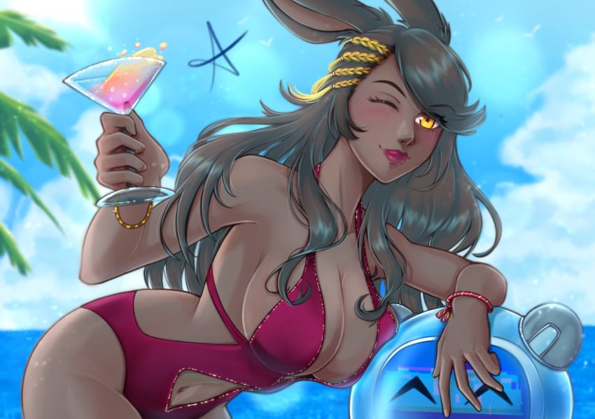 1girls alcohol beach big_breasts bikini black_hair breasts cahciua cleavage coast dark-skinned_female fanart final_fantasy final_fantasy_xiv large_breasts lipstick mature mature_female mature_woman milf non_nude only_female pose posing red_draws seaside sensual solo solo_female suggestive swimsuit viera voluptuous_female wink winking_at_viewer yellow_eyes