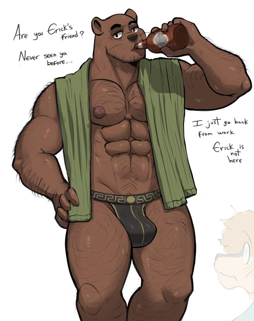 abs absurd_res anthro arms_bent beverage big_bulge biped body_hair boone_(finally_faded) brown_body bulge chest_hair clothed clothing drinking facial_hair finally_faded flexing flexing_bicep genitals gesture half-closed_eyes hand_on_hip hi_res himbo huge_bulge ledange looking_at_viewer male male/male male_focus mammal muscular muscular_anthro muscular_male muscular_thighs mustelid narrowed_eyes nipples otter pecs penis pose pubes raised_arms raul_(finally_faded) simple_background smile solo spread_arms standing suggestive_look tail text thong thong_only topless towel towel_around_neck tuft underwear underwear_only whiskers white_background