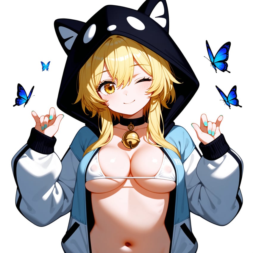 ai_generated bikini_top butterfly cat_ears closed_eye genshin_impact jacket lumine_(genshin_impact) ministro nail_polish navel visible_nipples