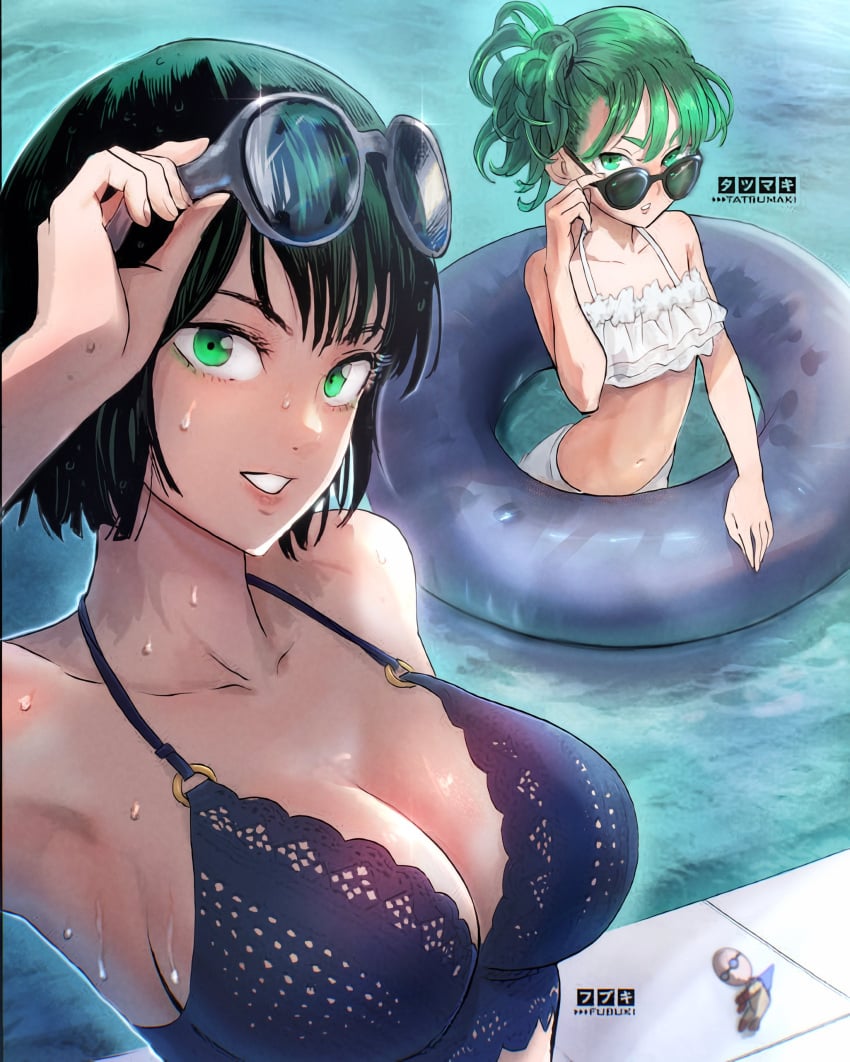 2girls absurdres adjusting_eyewear bikini black_hair breasts cleavage colorized esper_sisters fubuki_(one-punch_man) green_eyes hehevich highres large_breasts looking_at_viewer looking_over_eyewear looking_over_sunglasses multiple_girls murata_yuusuke one-punch_man sunglasses swimsuit tatsumaki tinted_eyewear