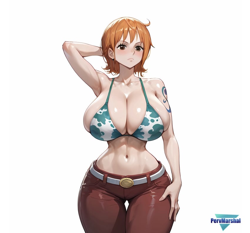 1girls ai_generated big_breasts bikini_top camouflage curvy curvy_body curvy_female curvy_figure female female_only marshalperv midriff nami nami_(classic) one_piece orange_hair pervmarshal short_hair solo tattoo thick_thighs