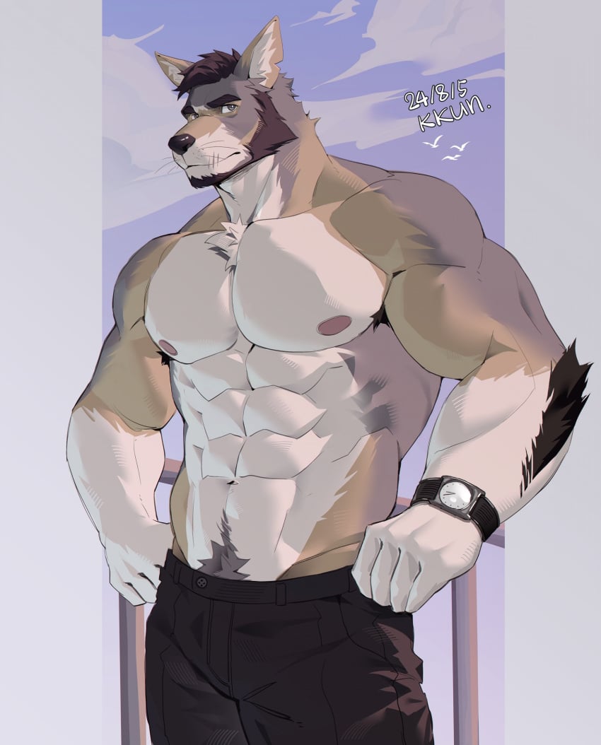 1boy abs anthro biceps clothing coyote echo_(series) echo_project fur furry humanoid_genitalia humanoid_penis kunkun586586 male male_nipples male_only mammal manly muscular_anthro muscular_male nipples pecs the_smoke_room william_adler