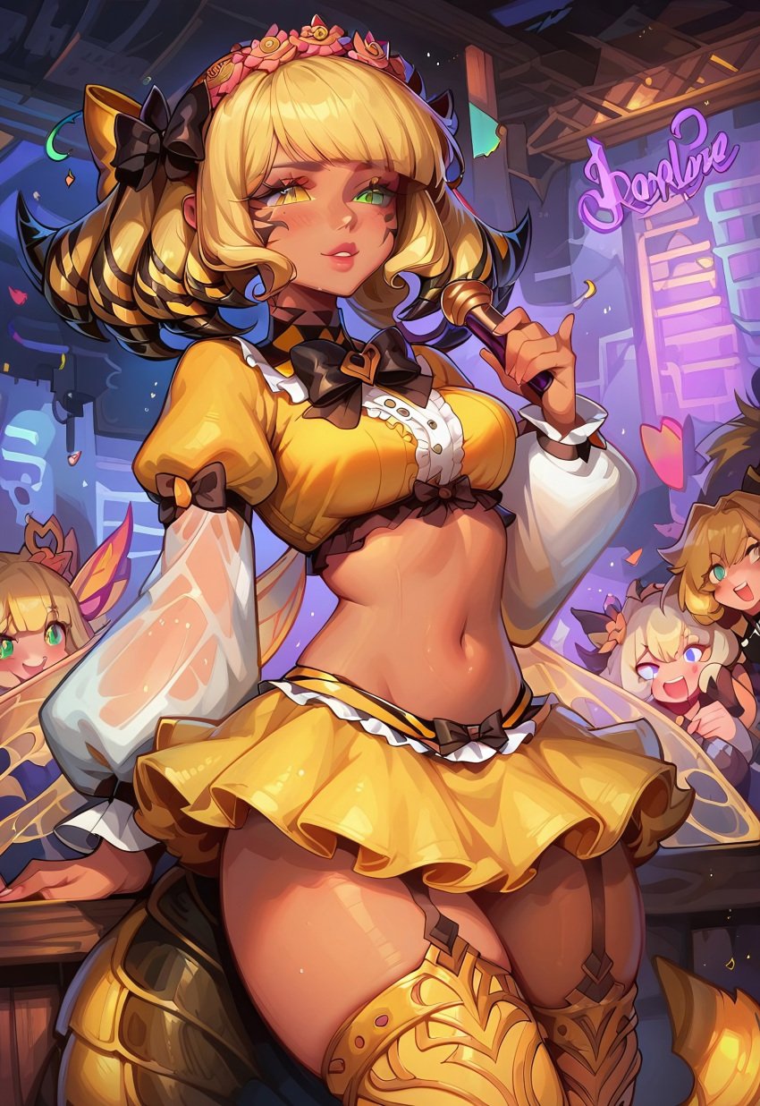 ai_generated bee_girl blonde_hair crop_top drill_hair final_fantasy_xiv frilled_dress heterochromia honey_b._lovely midriff stage thighhighs