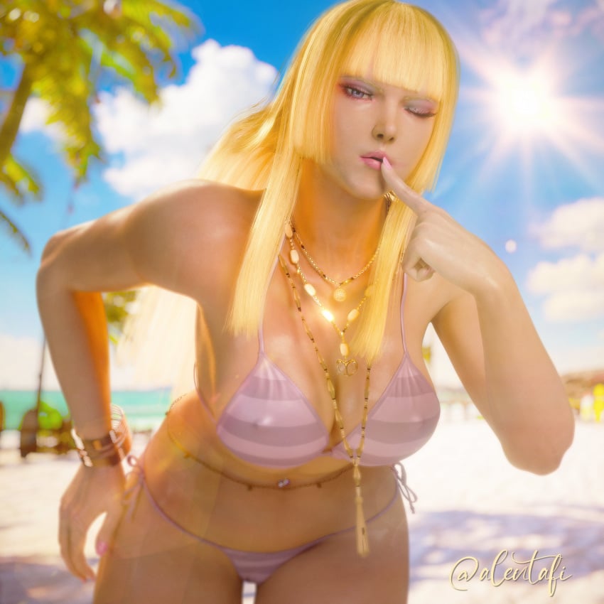 3d alentafix artist_name artist_signature bangs beach big_breasts bikini blonde_hair bracelet breasts busty cleavage emilie_de_rochefort erect_nipples eyeliner eyeshadow female female_focus female_only hourglass_figure lipstick long_hair makeup mascara nail_polish navel navel_piercing necklace nipple_bulge outdoors outside piercing tagme tekken waist_chain wide_hips wink winking_at_viewer