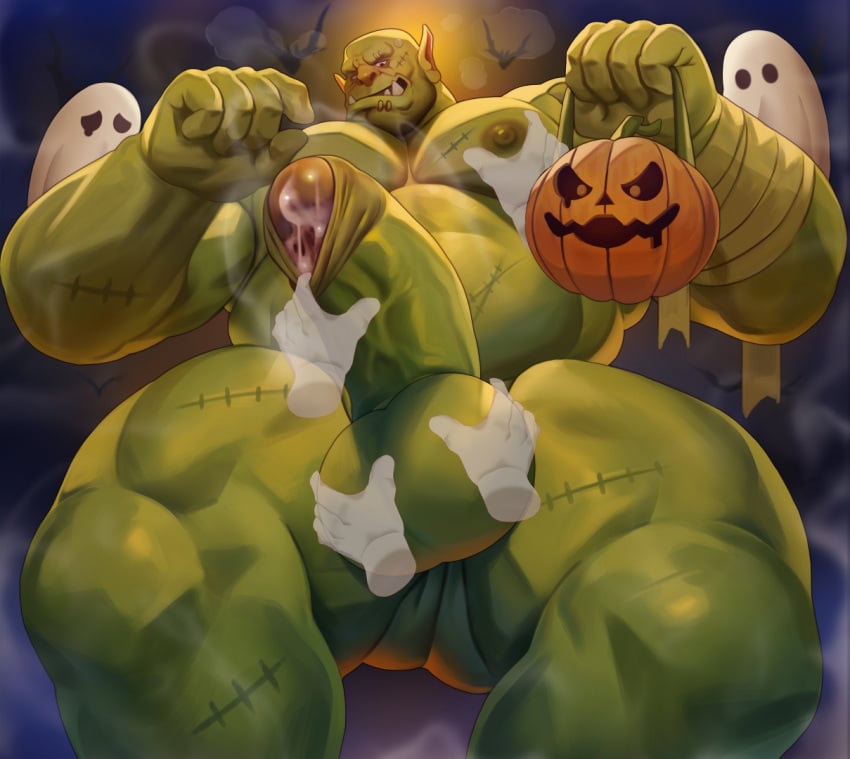 abs balls bara biceps big_balls big_penis dsharp_k erection green-skinned_male green_body green_skin halloween holidays male male_nipples male_only manly muscular_male nipples nude orc orc_male pecs penis teeth teeth_visible tusks