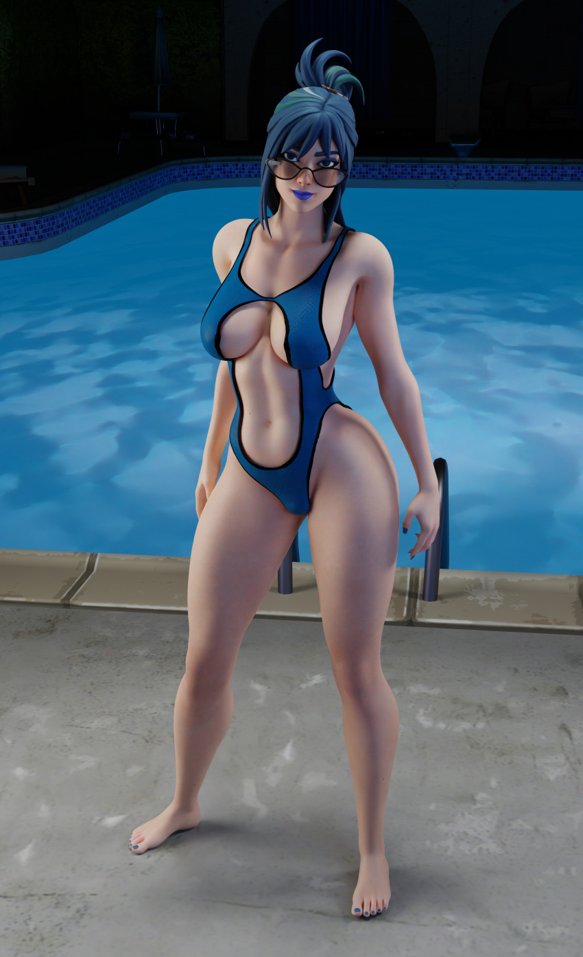 1female 1girls big_breasts big_thighs blue_eyes blue_hair breasts female female_only fortnite fortnite:_battle_royale hope_(fortnite) light-skinned_female light_skin long_hair looking_at_viewer looking_over_eyewear looking_over_sunglasses pool short_hair solo solo_female sunglasses swimming_pool swimsuit swimwear tagme tinted_eyewear zen_art