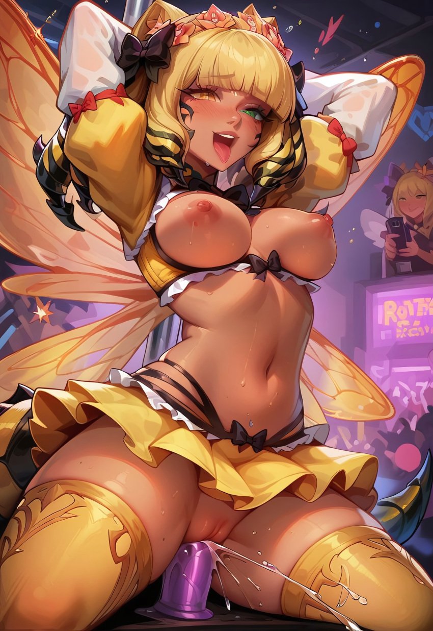 ai_generated arms_behind_head breasts_out female_ejaculation final_fantasy_xiv honey_b._lovely pussy pussy_juice squirting thighhighs wings