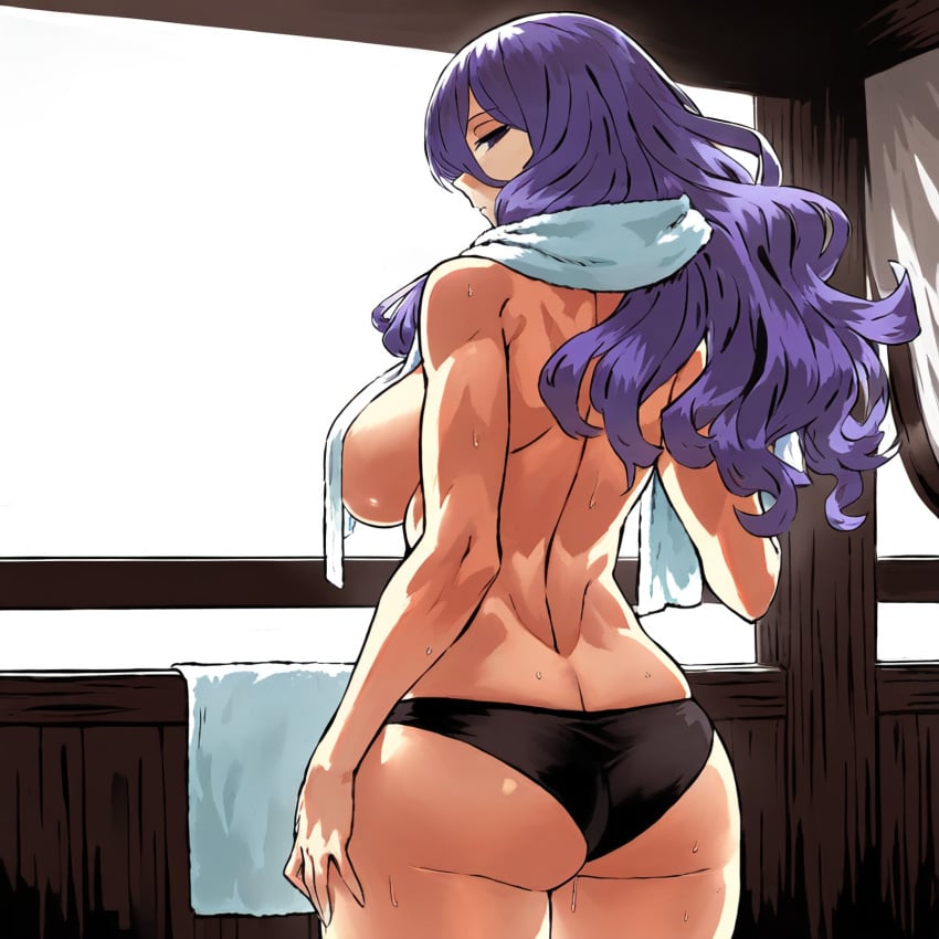 1girls ai_generated ass back_muscles back_view bare_back big_ass black_panties breasts bubble_butt camilla_(fire_emblem) depravedtsunami female_only fire_emblem fire_emblem_fates half-closed_eyes huge_breasts looking_at_viewer looking_over_shoulder muscle muscular_female nintendo older_sister plump_ass plump_breasts purple_eyes purple_hair saggy_breasts sideboob solo sweat toned toned_back toned_body toned_female topless towel_around_neck