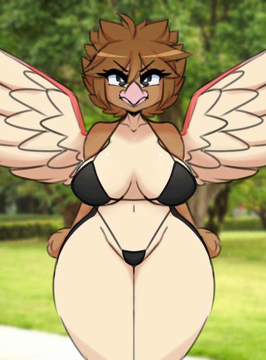 1girls 2024 angry anthro anthro_only anthrofied beak beige_skin bikini bird black_bikini black_eyes breasts brown_feathers brown_hair brown_skin female furry furry_only iamkat95 medium_breasts pokeharlot pokemon pokemon_(species) red_feathers short_hair solo spearow tagme thick_thighs two_tone_body two_tone_feathers wings