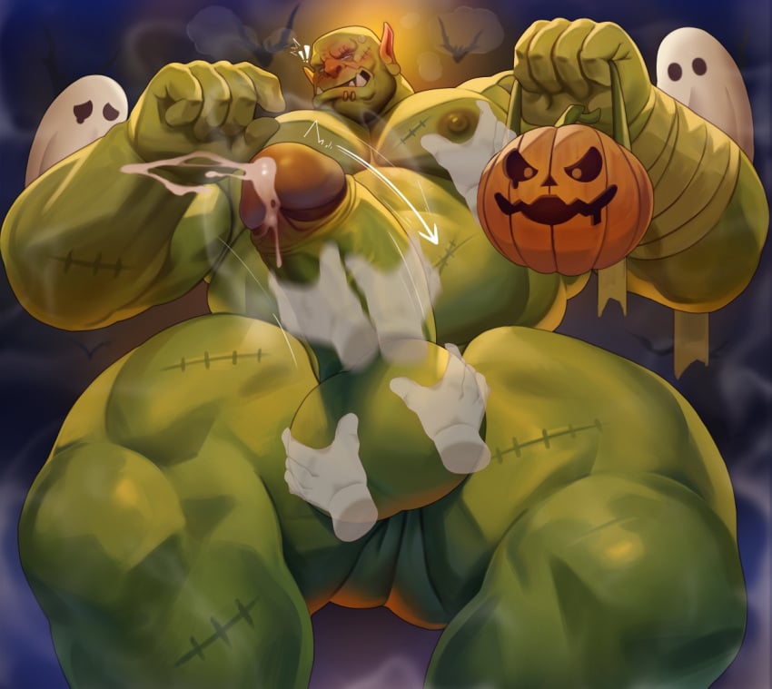 abs balls bara biceps big_balls big_penis dsharp_k erection green-skinned_male green_body green_skin halloween holidays male male_nipples male_only manly muscular_male nipples nude orc orc_male pecs penis teeth teeth_visible tusks