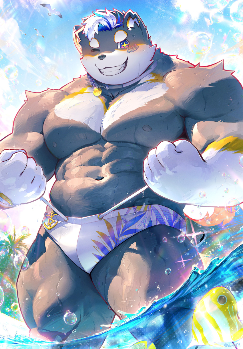 abs anthro beach blue_eyes bright_eyes bulge dona908 fur gray_body gray_fur hei_long_yi_quan looking_at_viewer multicolored_body multicolored_fur multicolored_hair muscular muscular_anthro muscular_male navel nipples six_pack sky smiling solo teeth_showing tokyo_afterschool_summoners underwear water white_eyebrows white_hands white_underwear