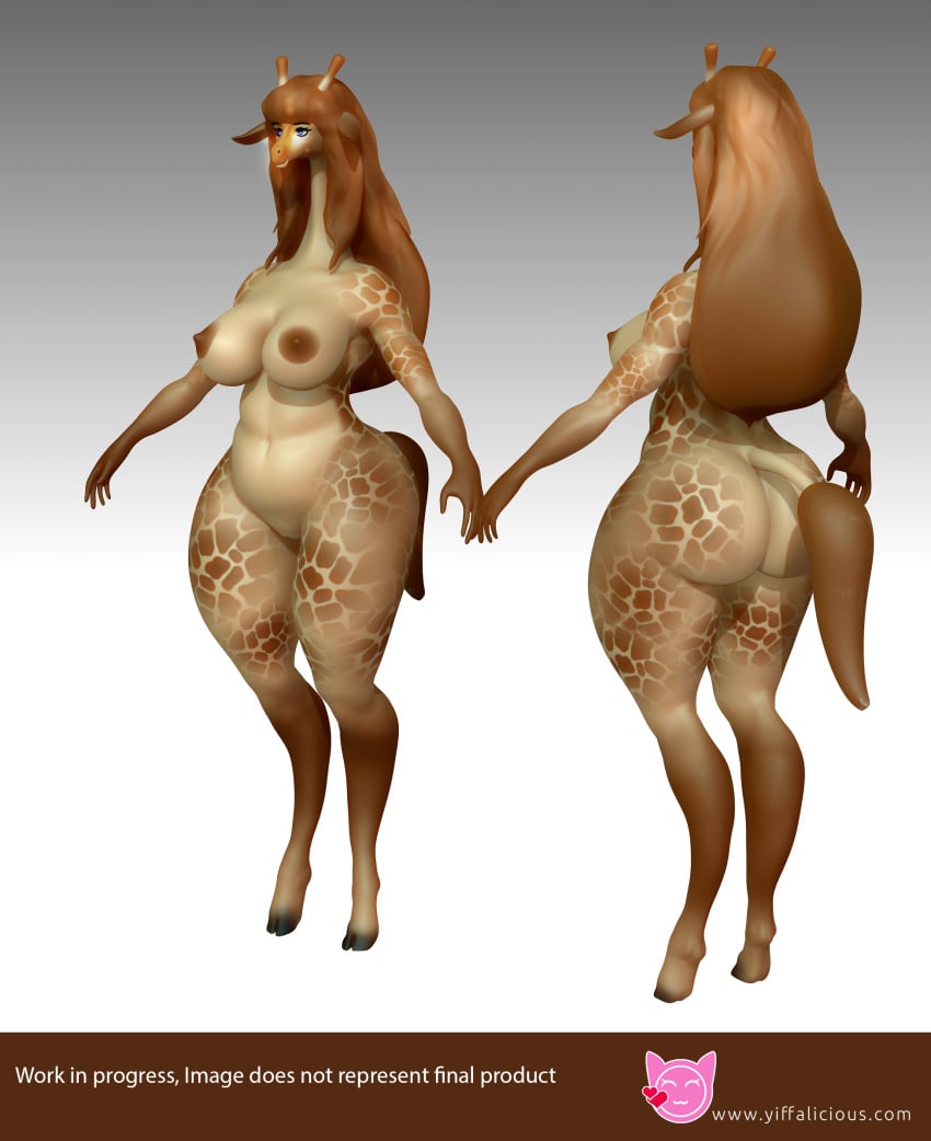 3d anthro ass big_breasts big_butt blue_eyes breasts cloven_hooves dogson female fur furry giraffe grey_background hair hi_res hooves long_hair long_neck mammal model_sheet nipples nude pussy sideboob simple_background solo thick_thighs unfinished voluptuous wide_hips yiffalicious