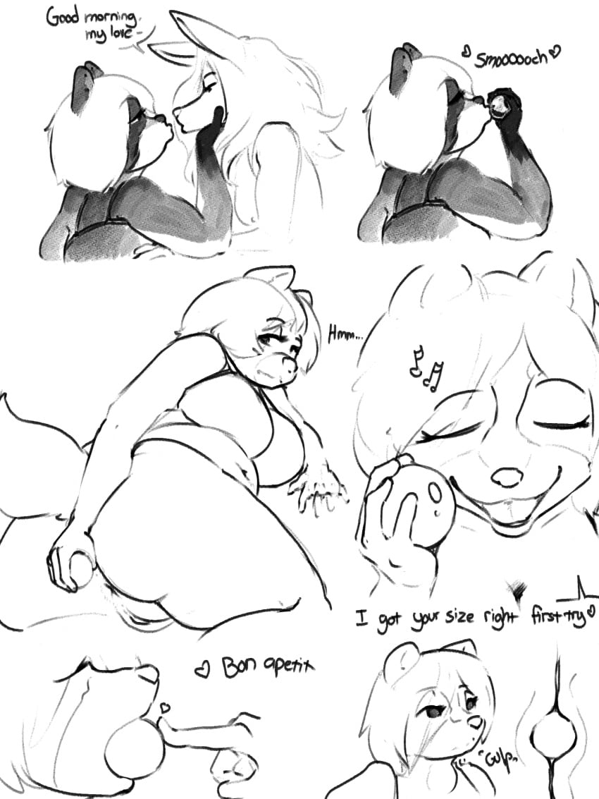 2022 anthro anus ass ball_in_mouth belly big_butt breasts canid canine dialogue duo female female_pred fox full_tour genitals hair heart_symbol hi_res humming husband_and_wife inanimate_transformation kissing larger_male long_hair looking_at_another lucky_(artist) male male/female male_prey mammal married_couple monochrome neck_bulge nude object_in_mouth object_vore oral_vore pussy raccoon_dog raised_tail safe_vore short_stack size_difference smile sound_effects sphere swallowing tail tanuki transformation vore wide_hips