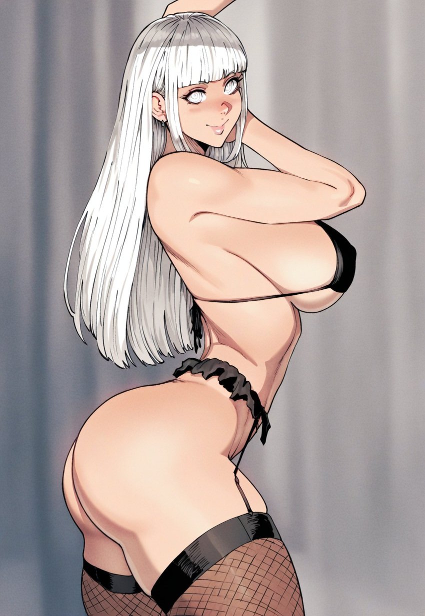 ai_generated bangs barely_clothed big_ass big_breasts big_butt big_lips big_thighs bra breasts eye_contact eyelashes fishnet_legwear fishnet_stockings fishnets flat_belly huge_breasts large_breasts lingerie lingerie_only lips looking_at_partner looking_at_viewer no_panties original_character pose posing posing_for_the_viewer pov sagging_breasts seductive seductive_smile side_boob side_view sideboob skimpy skimpy_clothes skimpy_outfit solo solo_female solo_focus thick_thighs thigh_highs thighhighs thin_waist upper_body white_eyes white_hair